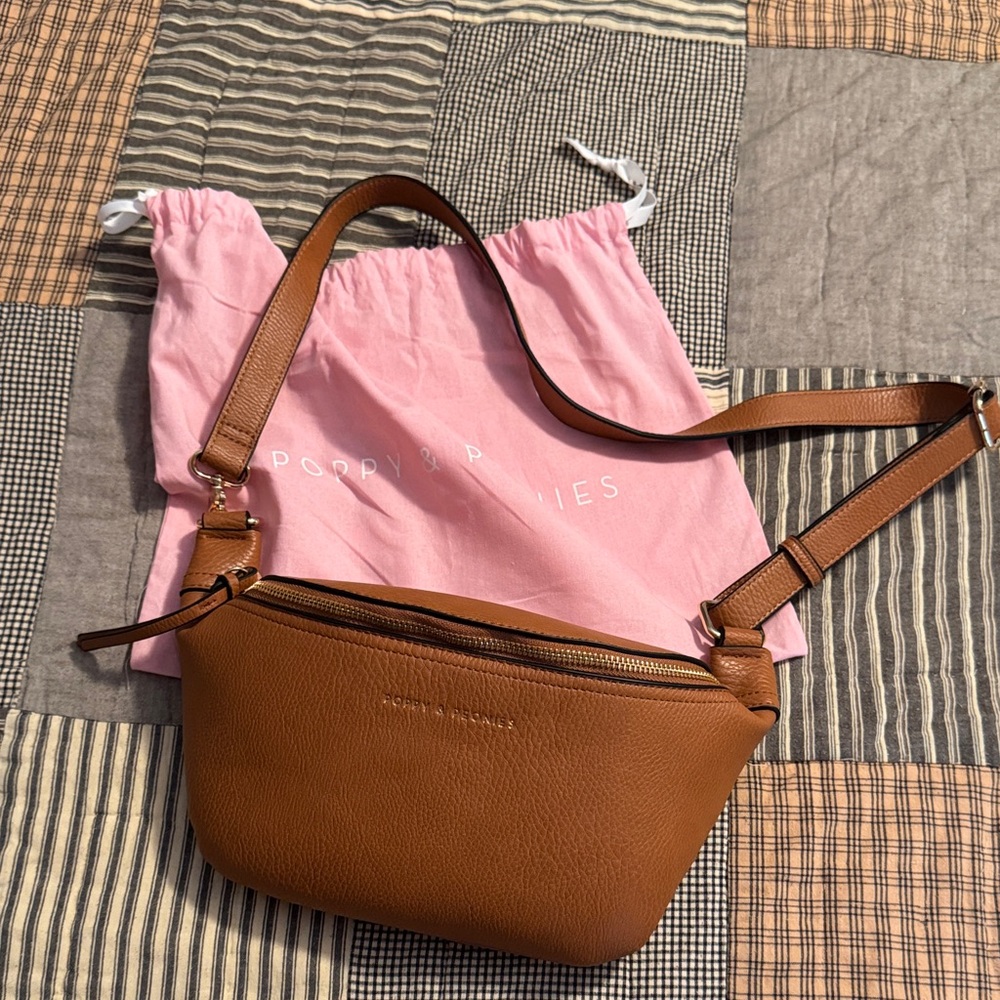 Poppy & Peonies Tan Leather Crossbody Belt Bag